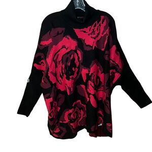 Joseph A. Rose Floral Turtleneck Sweater Women's 3X Black Bold Red Rose Flower
